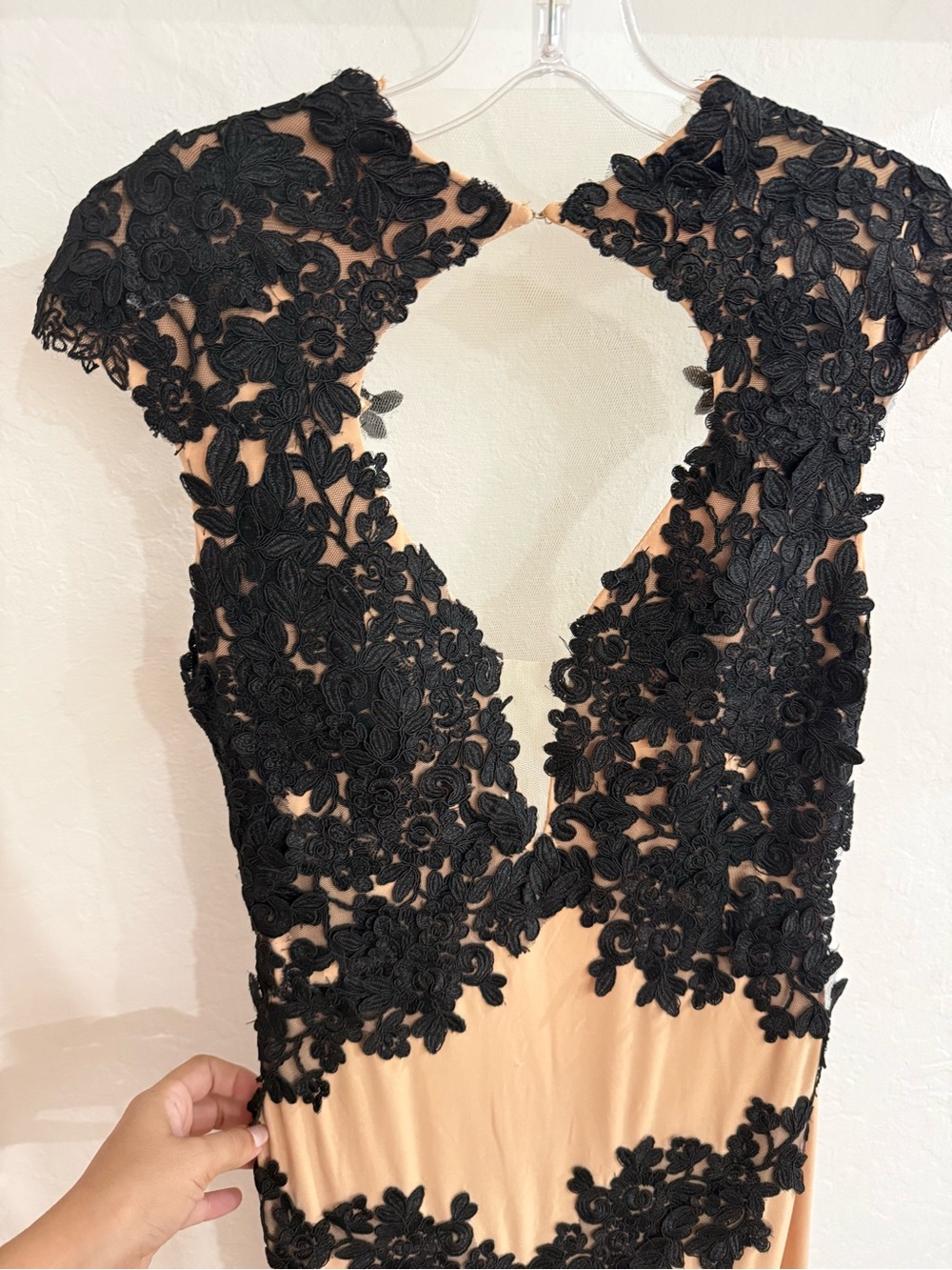 Jovani Black Lace Appliqué over Nude Prom Dress